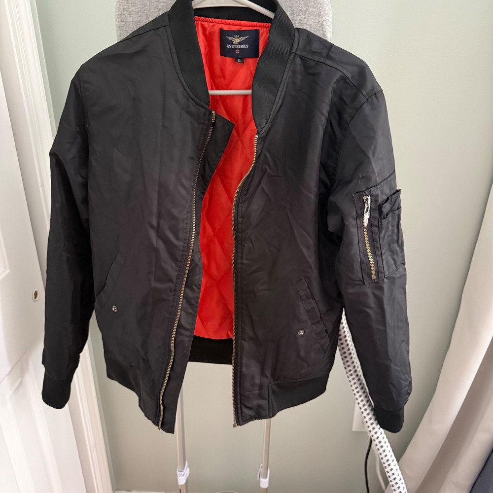 ASSTSERIES Mens Black MA-1 Bomber Flight Jacket Orange Lined Streetwear Small